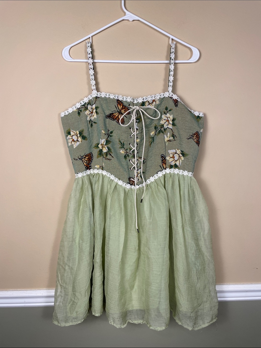 Cider Women’s Faeriecore Butterfly Floral Embroidered Lace-Up Tank Mini Dress